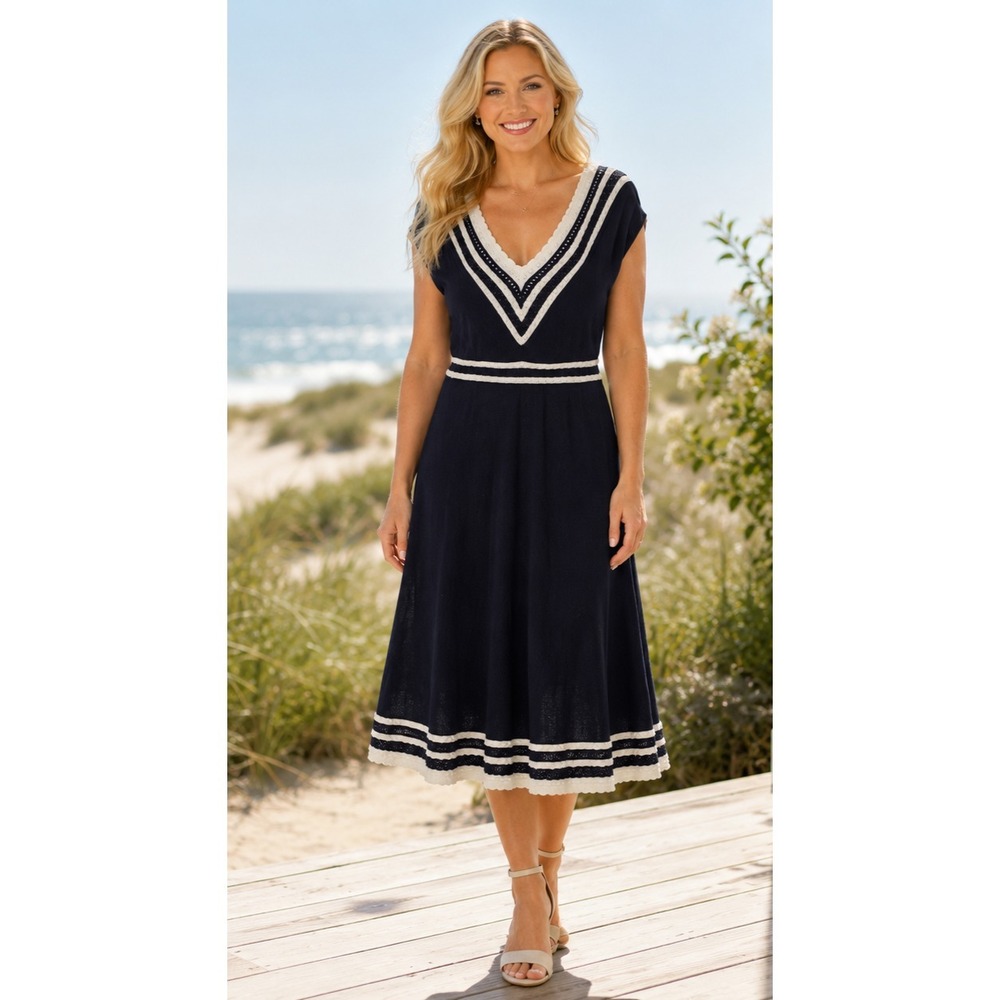 Bodenβ Navy White Nautical Cotton Knit Midi Dress Sailor Hamptons Luxury Size 6